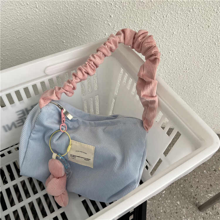 Cute color-blocking corduroy handbag, large-capacity girlish portable storage bag, large-capacity makeup bag for girls details Picture