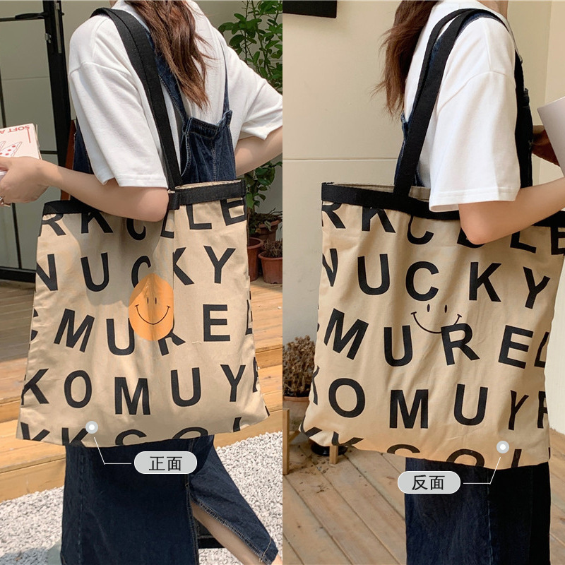 19152 Smiling face letter canvas bag, Korean-style ins girl single-shoulder bag, handbag, large capacity shopping bag, tote bag Specification drawing