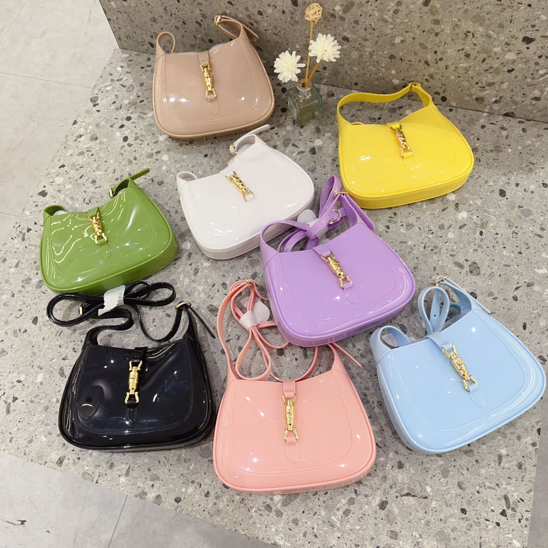 2025 New PVC single-shoulder women's small bag, candy-colored hand-carry crossbody trendy and fashionable casual lock bag full figure