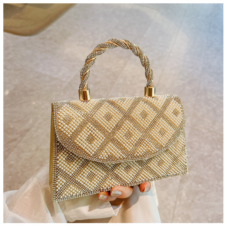 2025 New cross-border full-diamond pearl chain small square bag, women's crossbody bag, handbag, dinner bag Specification drawing