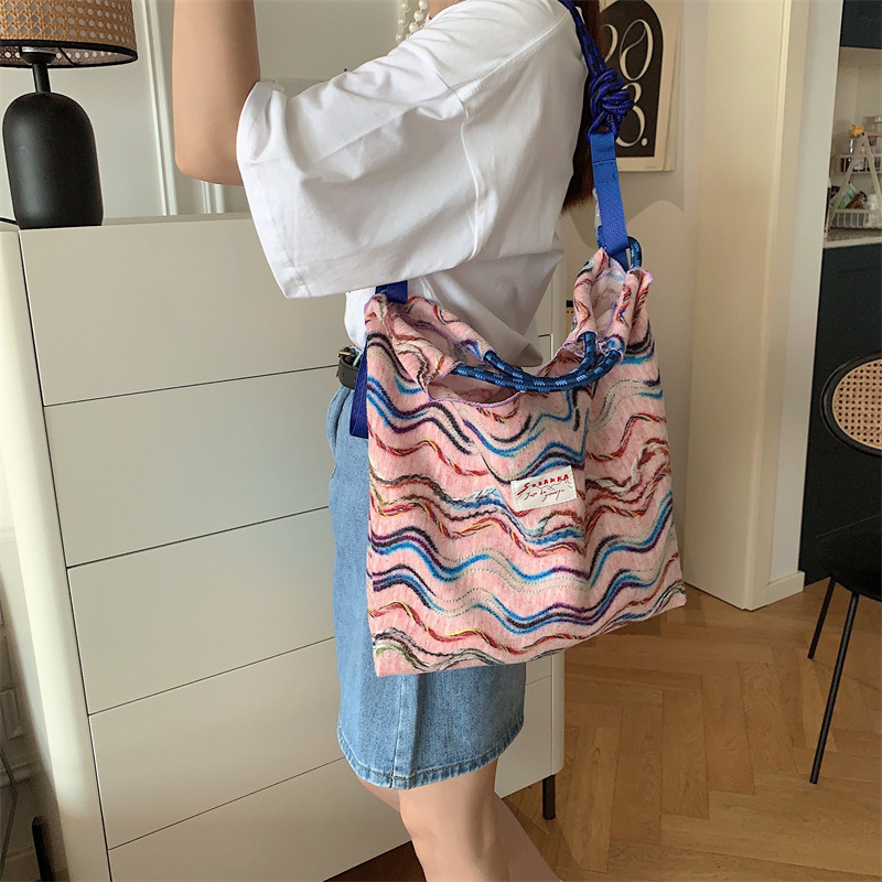 37111 Rainbow striped fabric bag, large capacity single-shoulder bag, handbag, shoulder strap, crossbody strap, pull-out, versatile single-shoulder style Specification drawing