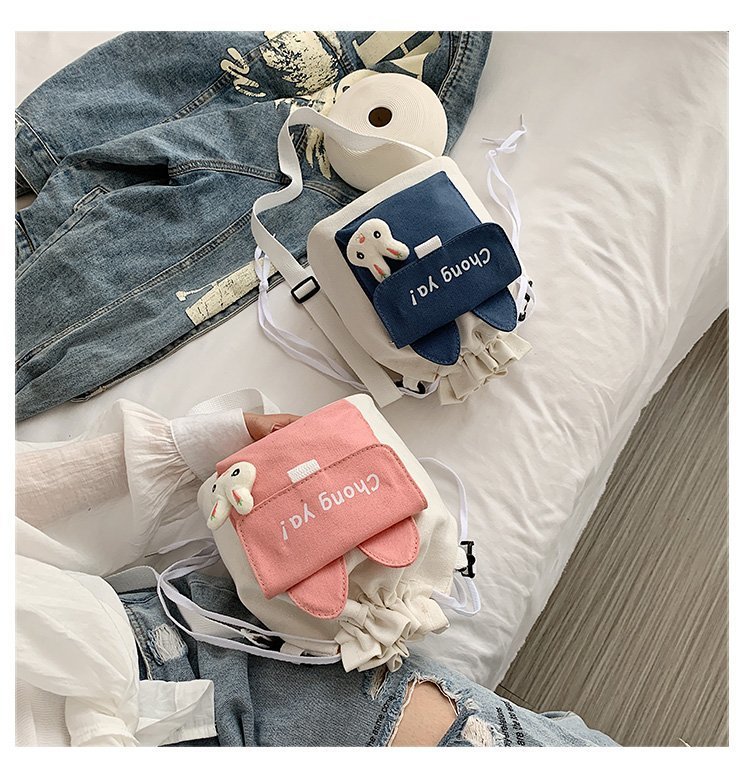 Korean campus fresh and cute cartoon rabbit bucket bag, color-blocking small bag, versatile casual single-shoulder crossbody bag undefined