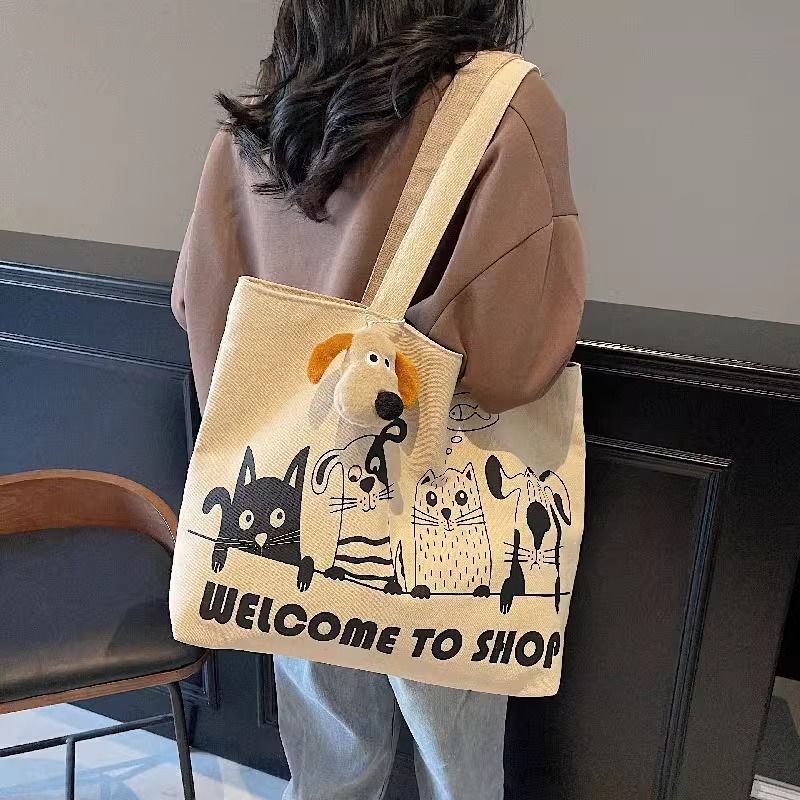 New canvas bag for women 2025, large capacity student shoulder bag, versatile cartoon tote handbag, tote commuter bag Specification drawing