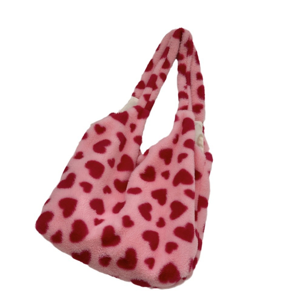 410261 Autumn and Winter New style love single-shoulder hand-carry large-capacity fur tote bag, plush hand-carry underarm women's bag Item Picture