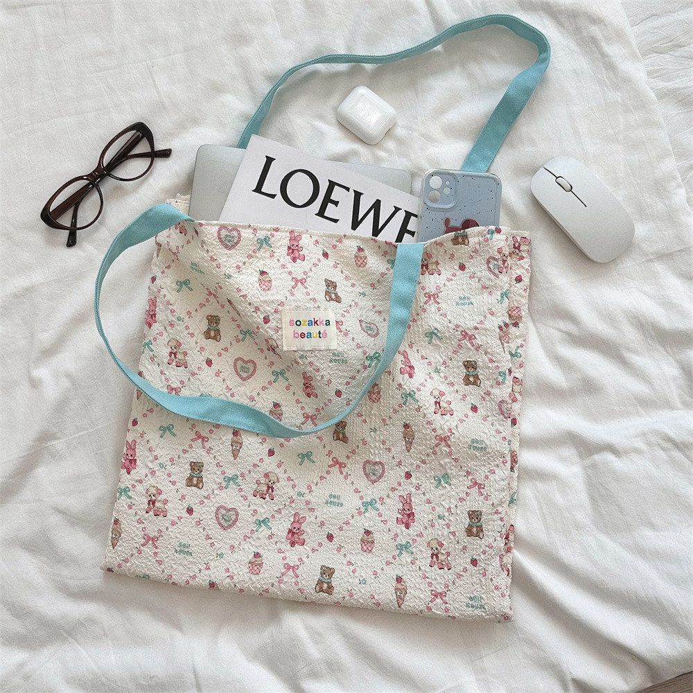 4431 Korean-style soft and cute embossed canvas bag with a girlish heart, single-shoulder double-layer bag, large capacity student schoolbag details Picture