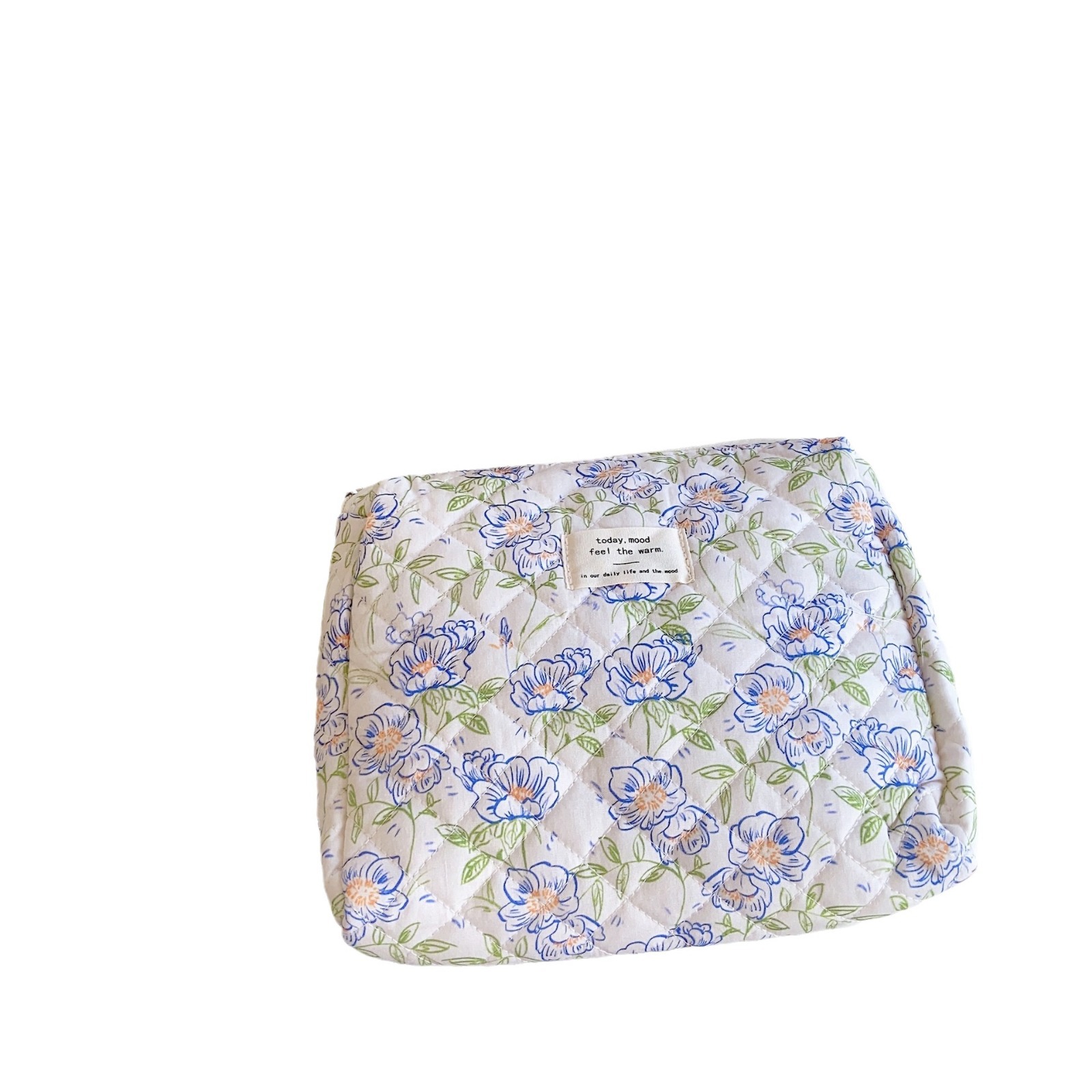 35272 Korean cosmetic bag, storage bag, hand in hand, toiletry bag, quilted cotton, travel bag, blue floral print Item Picture