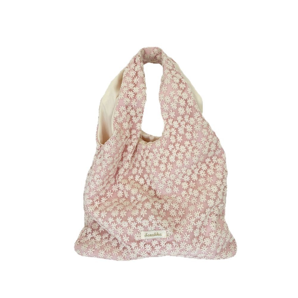 53304 Sweet mesh canvas bag, simple flower lace shoulder bag, handbag bag, women's large-capacity vest bag Item Picture