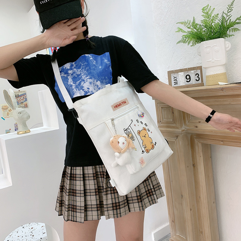 Canvas bag, single-shoulder, double-back, crossbody, multi-purpose student backpack, simple little dog, large-capacity hand-carry, college student tutorial bag details Picture