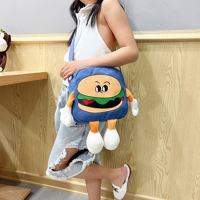 Japanese cartoon hamburger canvas small bag 2022 new Summer fashion, funny, ugly and cute Instagram single-shoulder crossbody bag Specification drawing
