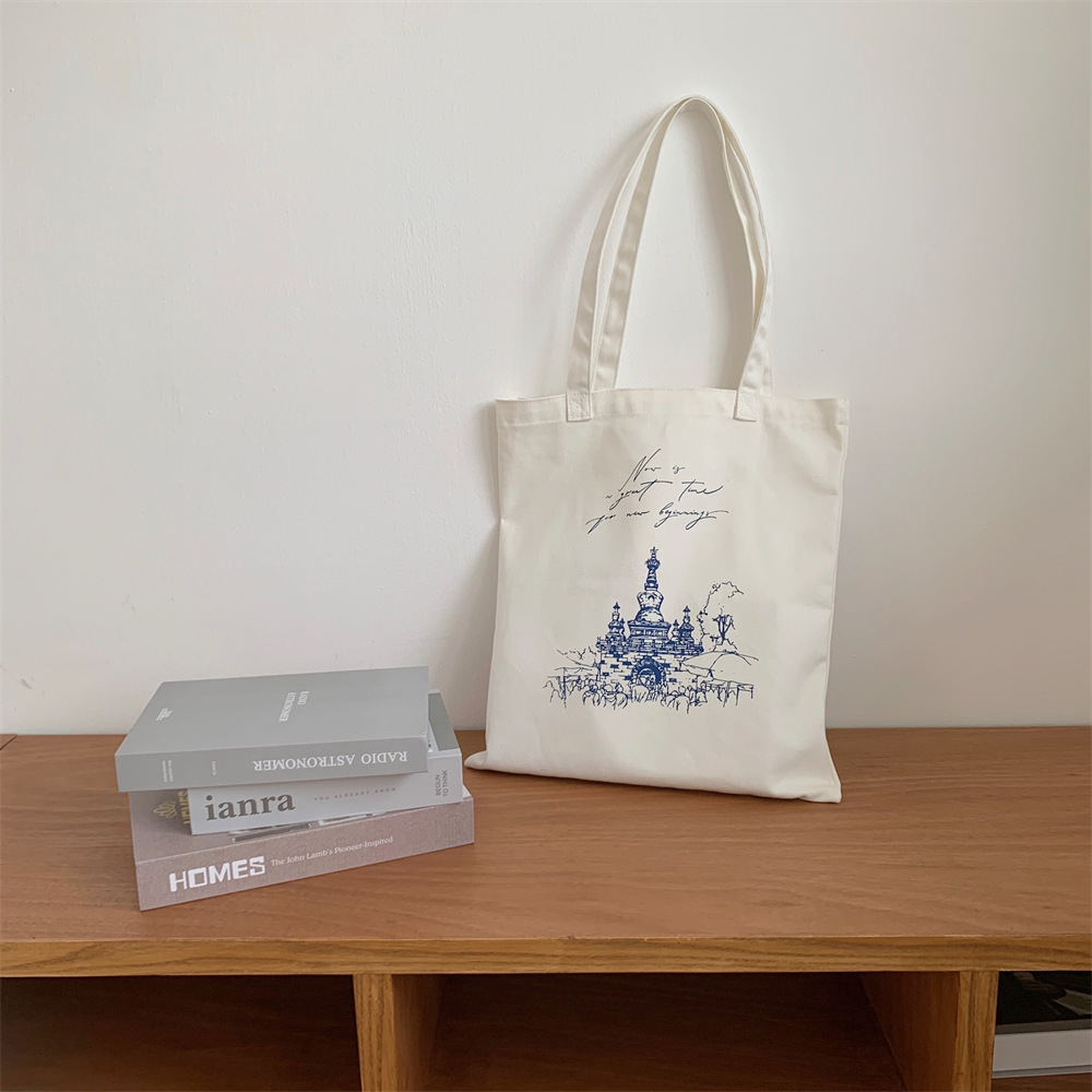 IJ15182 simple student canvas bag, large-capacity tutorial bag, castle print schoolbag, shopping bag, single-shoulder bag Item Picture