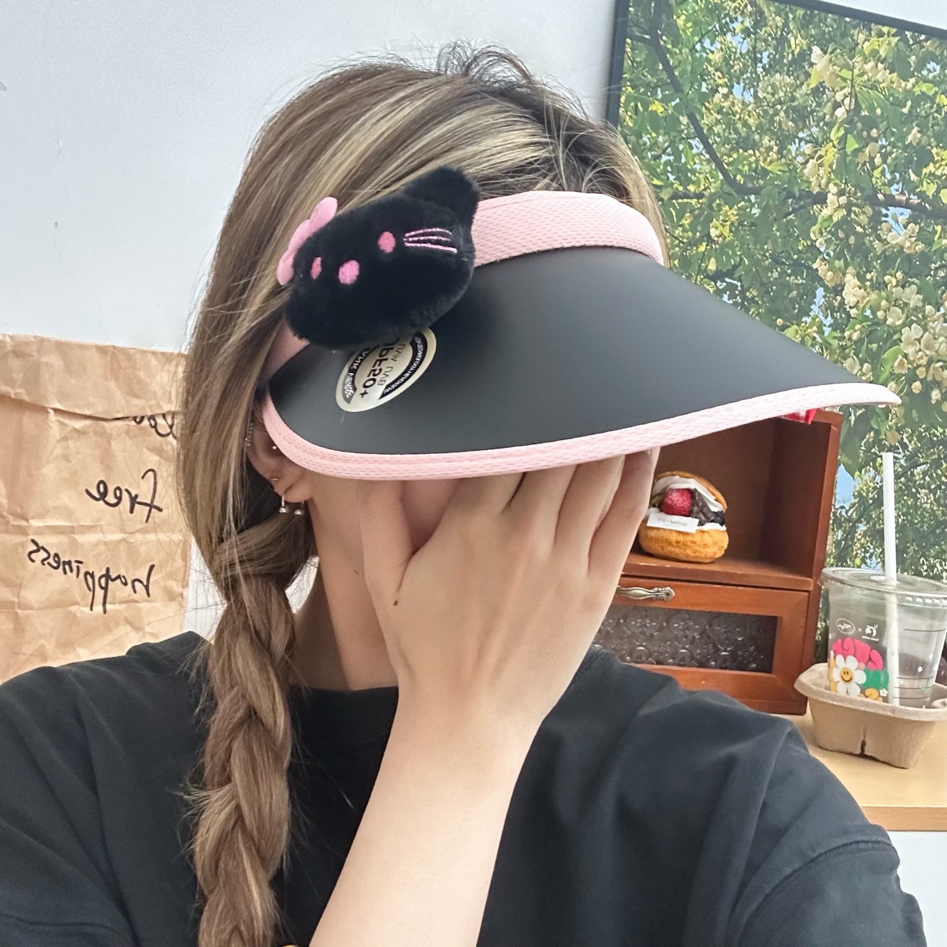 Summer cute cat sun protection hat, large brim, open top, sunshade, female UV protection, outdoor travel, student, Internet celebrity hat details Picture