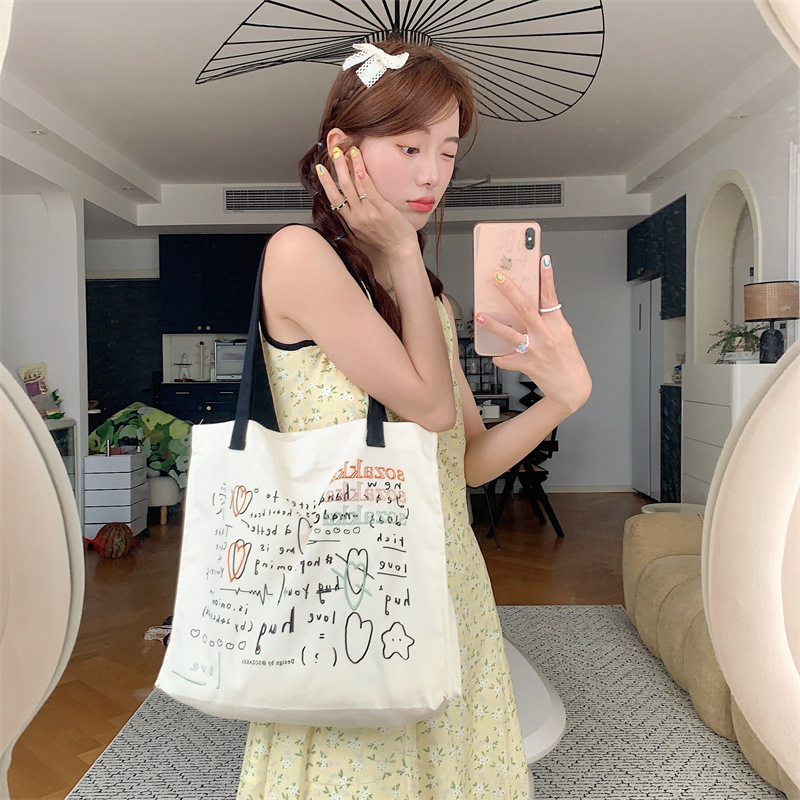 36273 Japanese and Korean canvas bag for women, versatile large-capacity embroidered and printed hand-held shoulder bag, student class bag details Picture