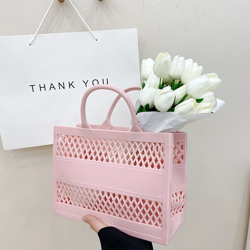 2025 Summer new shopping basket, hand-held pvc bag, jelly bag, large-capacity basket, storage basket, candy color, hollowed-out Specification drawing