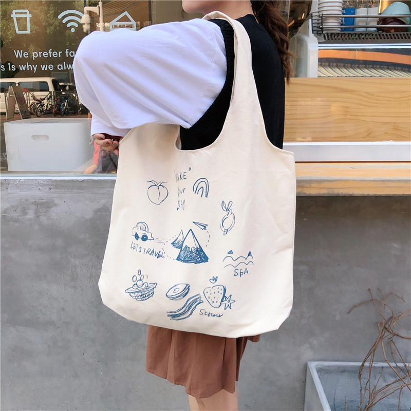 99304 ins single-shoulder hand-carry canvas bag, cute cartoon illustration tote bag for girls, student trend Specification drawing