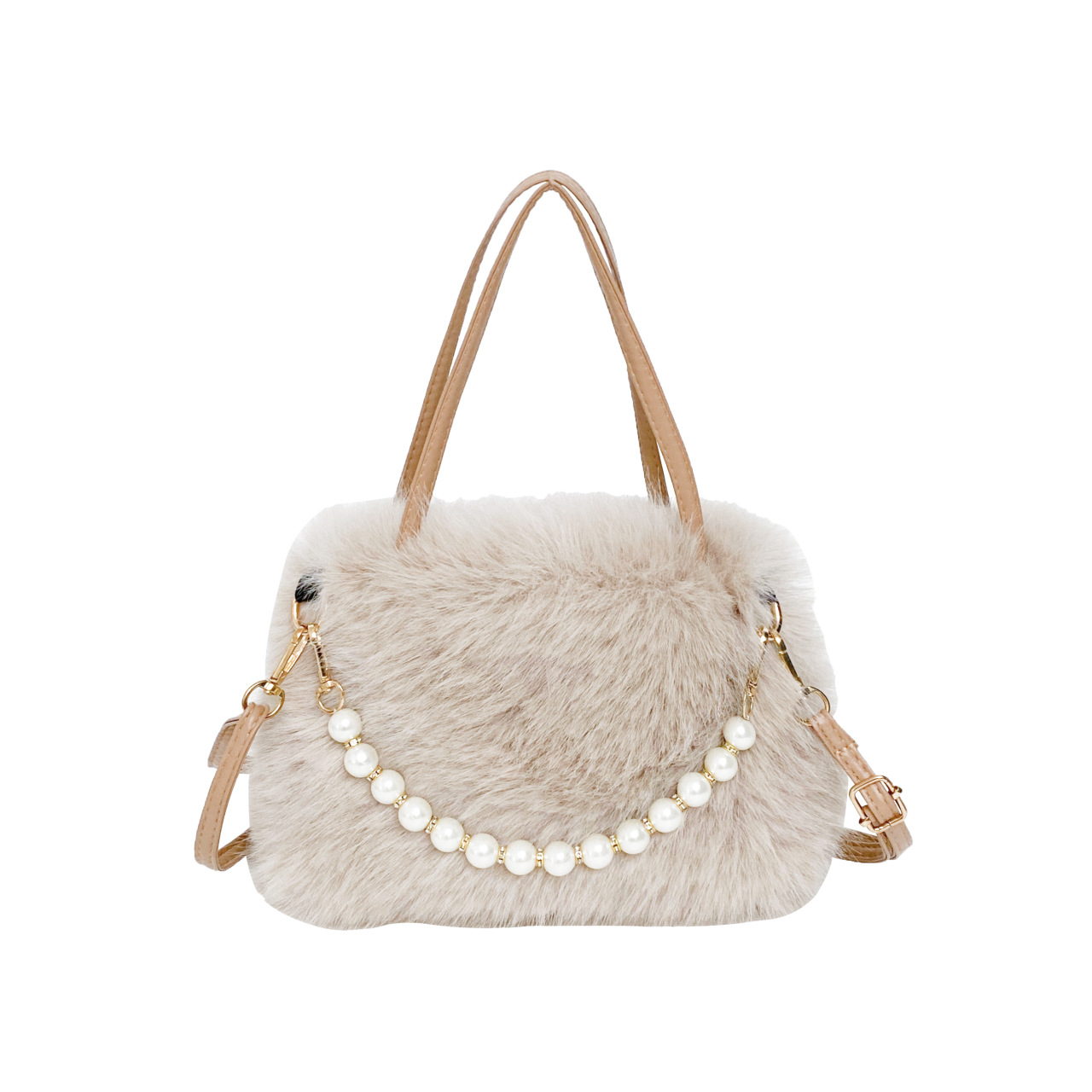 A versatile furry hand-held small bag for winter, a fashionable pearl square bag, and a high-quality women's crossbody furry bag for autumn and winter full figure