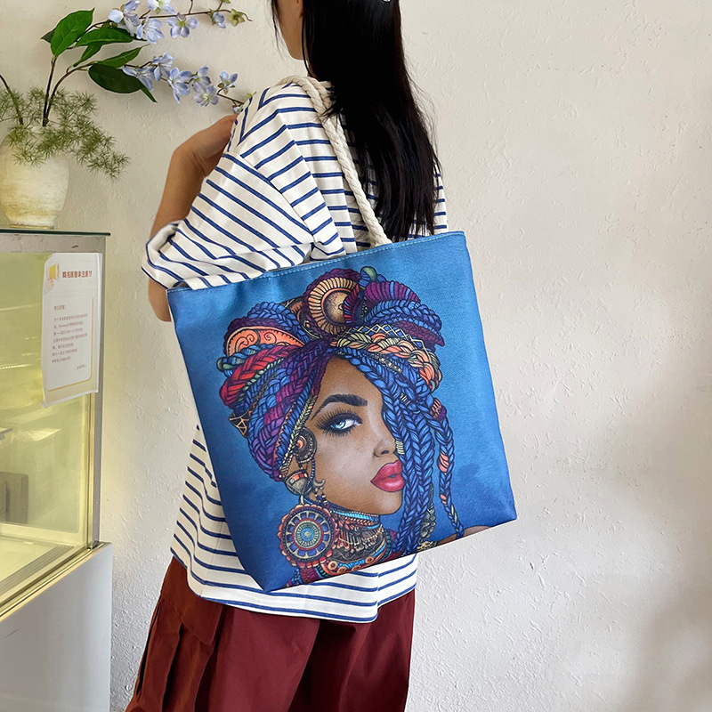 Cross-border fashion single-sided printed tote bags for women, creative women, thick rope, versatile, large-capacity beach bags, single-shoulder bags wholesale full figure
