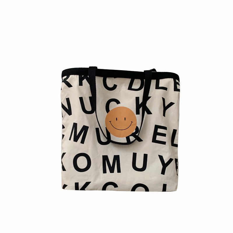19152 Smiling face letter canvas bag, Korean-style ins girl single-shoulder bag, handbag, large capacity shopping bag, tote bag Item Picture