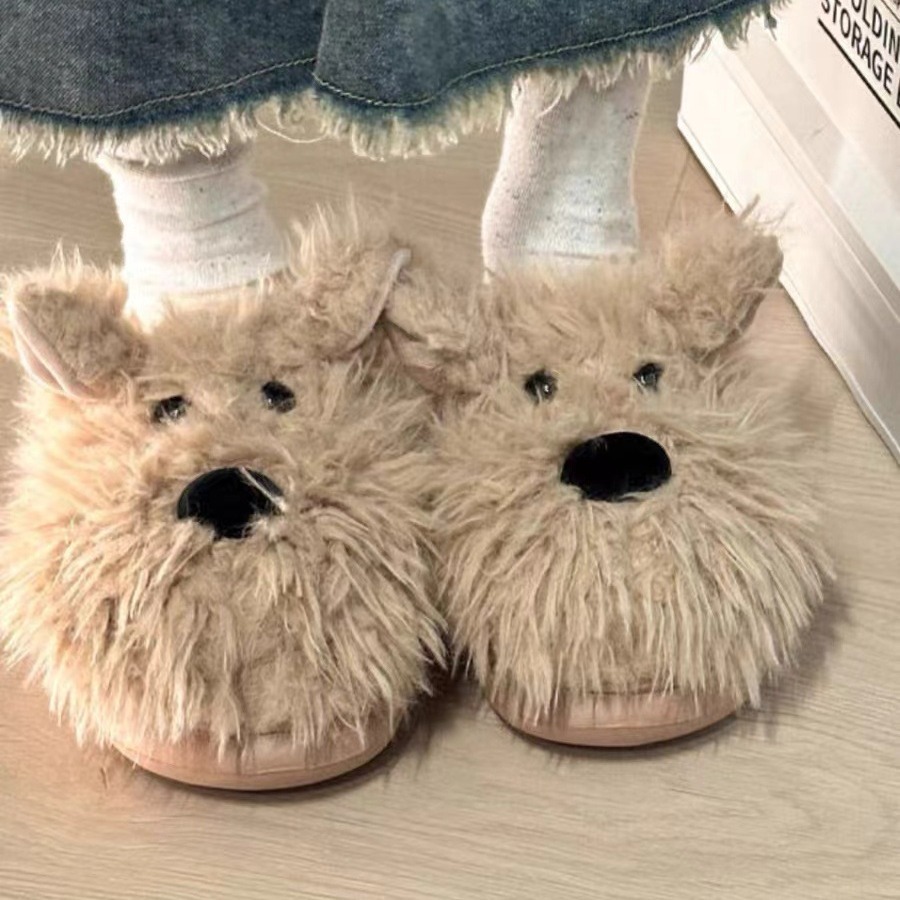 The new 2024 autumn and winter casual and versatile hook-shaped dog head slippers for women's outerwear, featuring fluffy and cartoon cotton slippers full figure