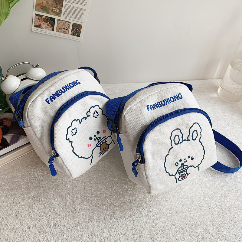 2024 New single-shoulder crossbody mobile phone pocket change canvas bag, fresh, sweet and cute, little bear and little rabbit mood niche bag full figure