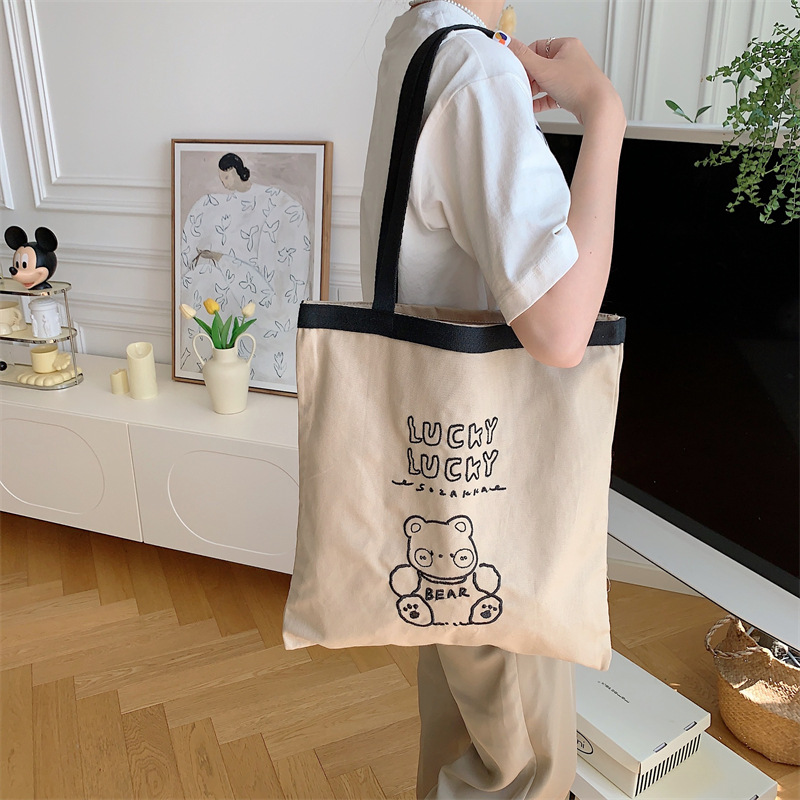 35245 Summer New woven strap Canvas bag, embroidered single-shoulder and hand-carry dual-purpose bag, Women's large-capacity tote bag, Japanese and Korean Application Scenario