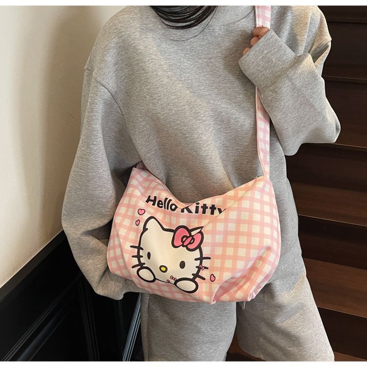 Cartoon Hello Kitty checkered canvas bag 2025 New style large-capacity lightweight single-shoulder crossbody bag for girls, children's bag Application Scenario