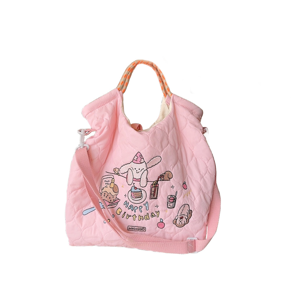 31223 Quilted soft crossbody bag, large capacity hand-held shoulder bag, cartoon embroidered little rabbit student handbag Item Picture