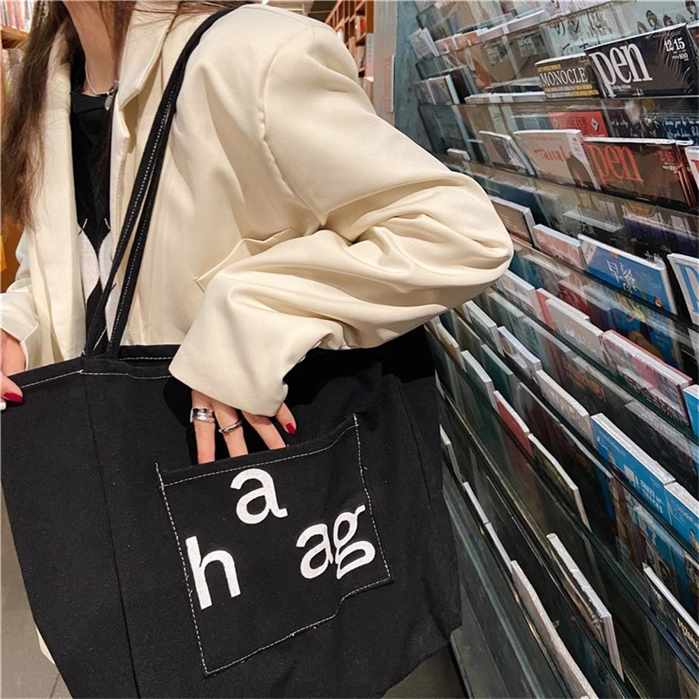 13313 New simple canvas letter Korean-style commuter tote bag, large-capacity single-shoulder bag, casual and fashionable women's bag Specification drawing