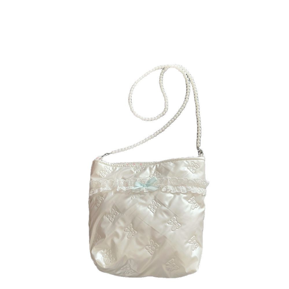 5392 pu cotton-padded new bow crossbody small bag, phone bag, pearl chain portable makeup bag, storage bag Item Picture