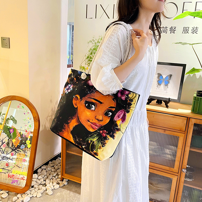 Fashionable and versatile tote bags, new cross-border women's portable shopping bags, creative women's printed aesthetic beach bags for women Specification drawing