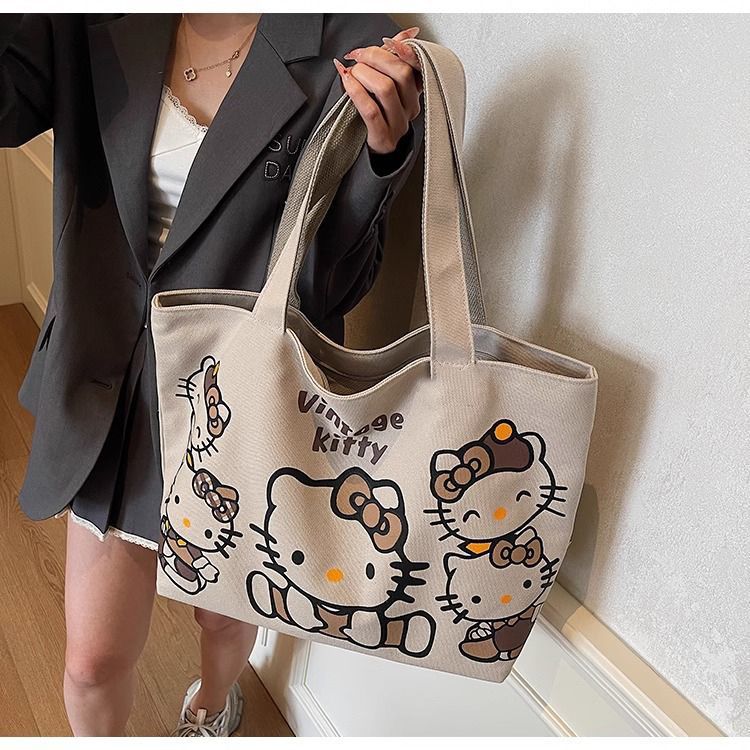 Cartoon canvas single-shoulder bag, women's large-capacity commuter tote bag, Spring/Summer 2025, cute cat tote bag, cross-border Specification drawing