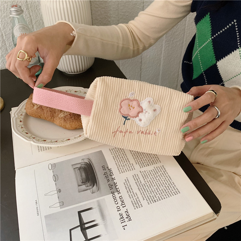 2264 Cute embroidered flower rabbit hand-held makeup bag, storage bag, portable travel toiletry bag, student ins pen case details Picture