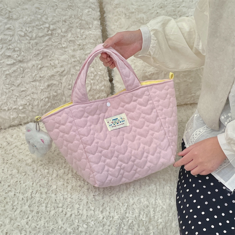 411272 Soft quilted heart-shaped hand-held bento bag, casual handbag, student commuting lunch box bag Specification drawing