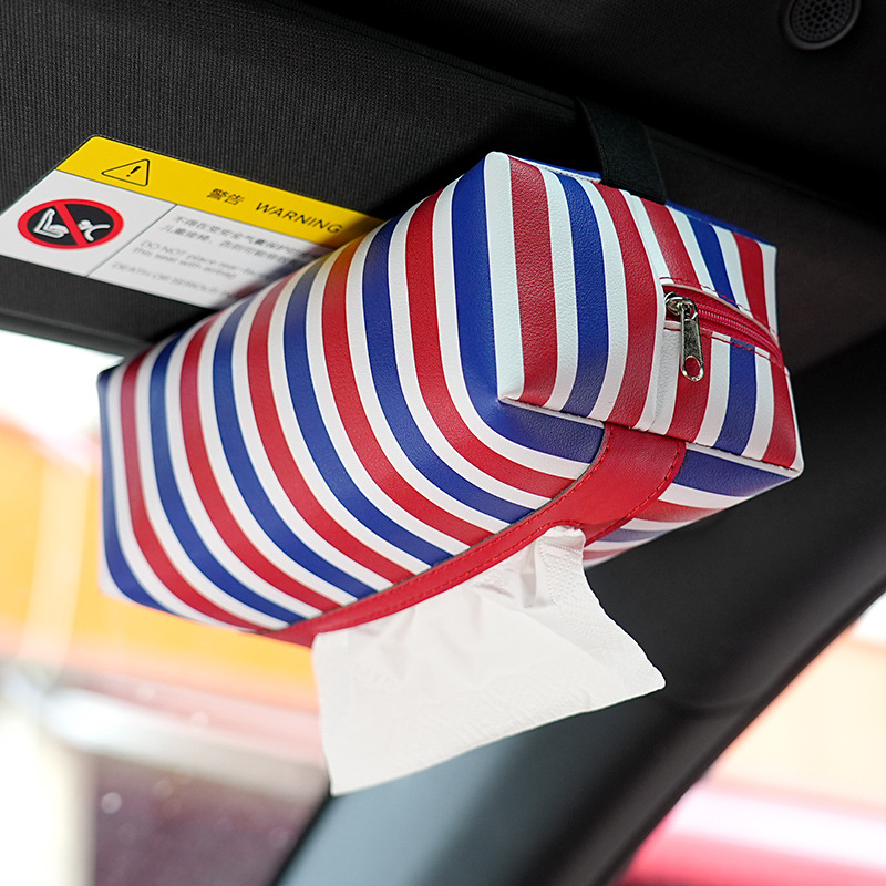 Car tissue box, sun visor, hanging three-color fabric, new French red, blue and white creative handrail strap tissue box details Picture