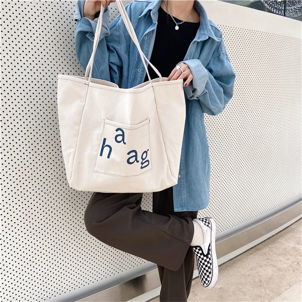 13313 New simple canvas letter Korean-style commuter tote bag, large-capacity single-shoulder bag, casual and fashionable women's bag full figure