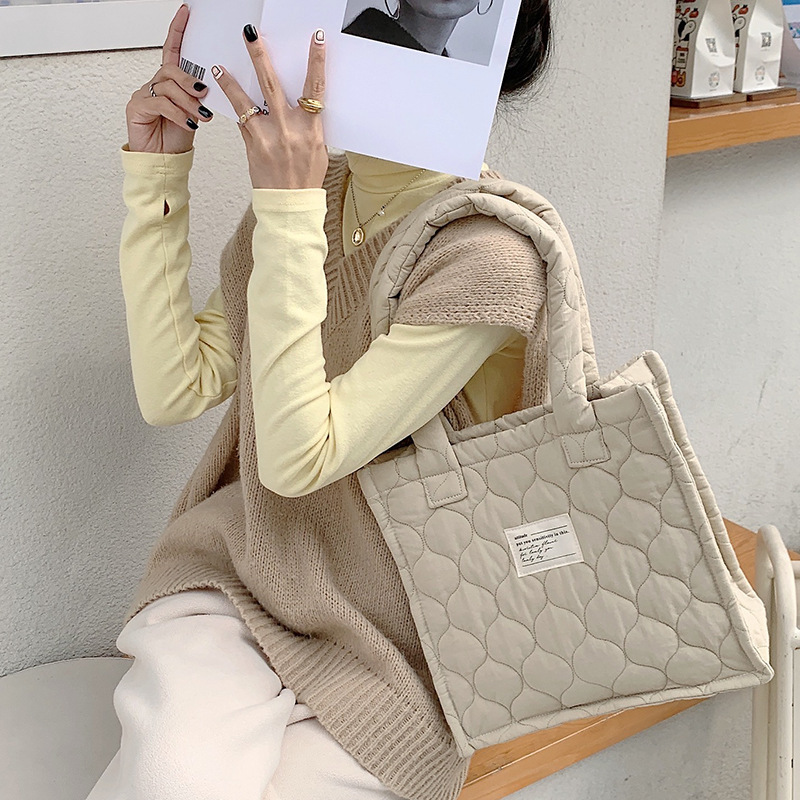 【 In Stock 】210301 large-capacity single-shoulder tote bag, quilted gourd hand-held commuter bag, autumn and winter hand-held bag for women Specification drawing