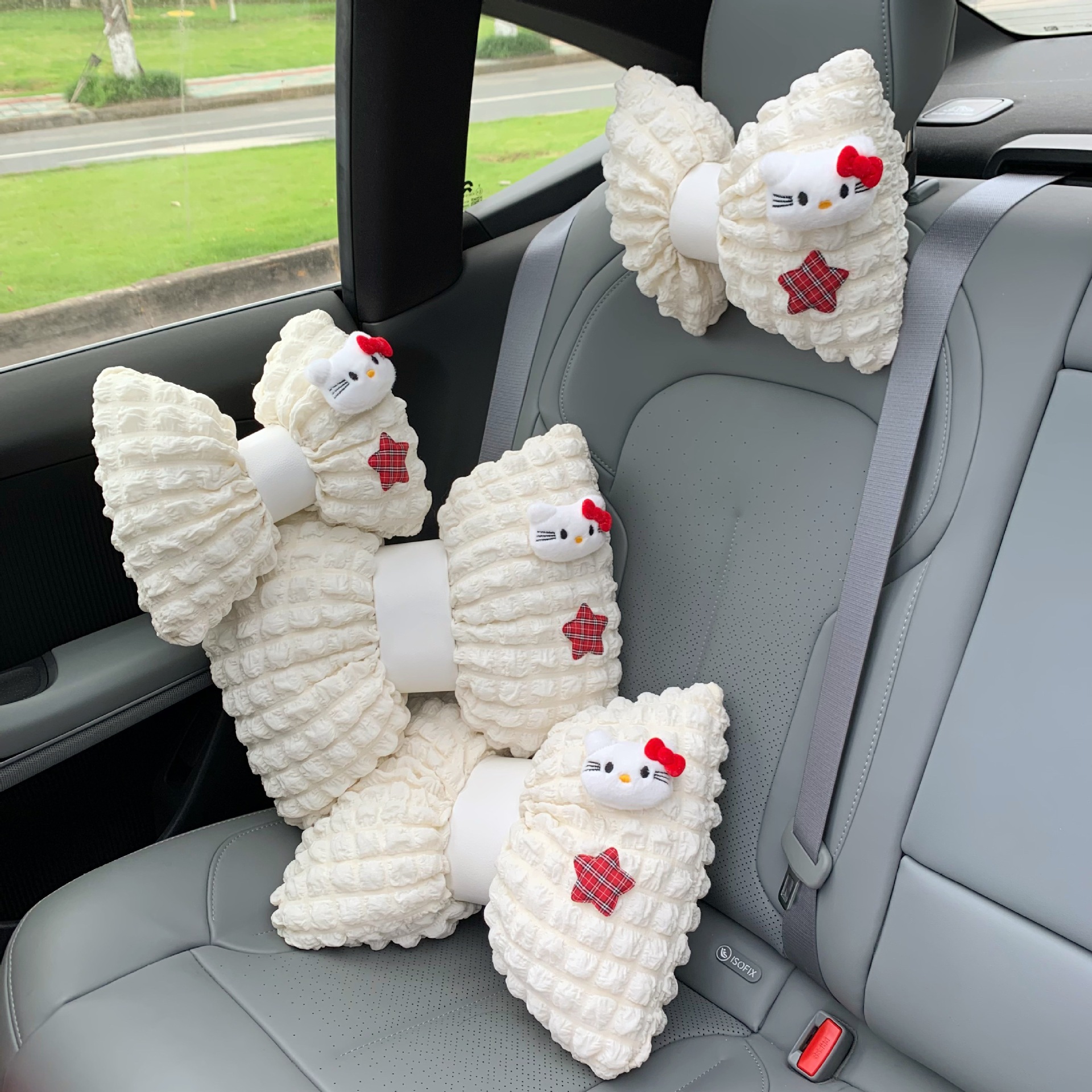 Cute puff cat car headrest, popular female car waist cushion, car decoration, in-car neck support seat pillow full figure