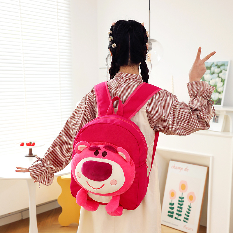 2023 New Japanese-style cute strawberry bear backpack, plush doll doll bag, soft girl backpack and schoolbag Specification drawing