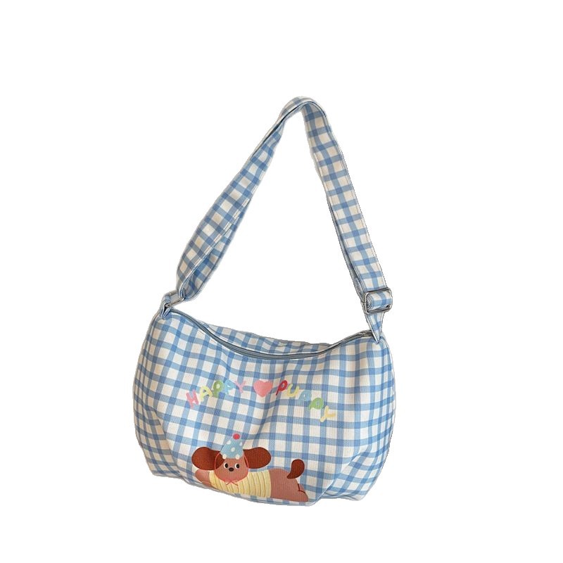 New cute Dachshund box checkered single-shoulder bag for girls, cartoon crossbody canvas bag for girls, and commuting bag for girls' classes Item Picture