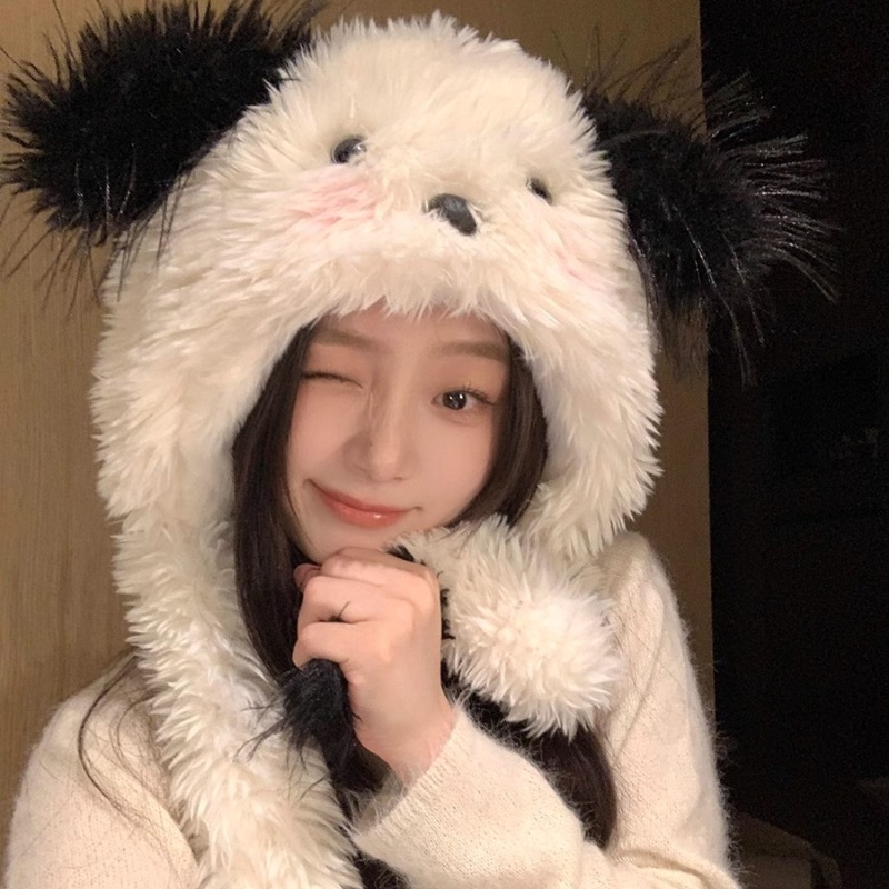 A cute cartoon plush hat for women in winter, thickened and warm, with ears that can move and a dog's big head around it Item Picture