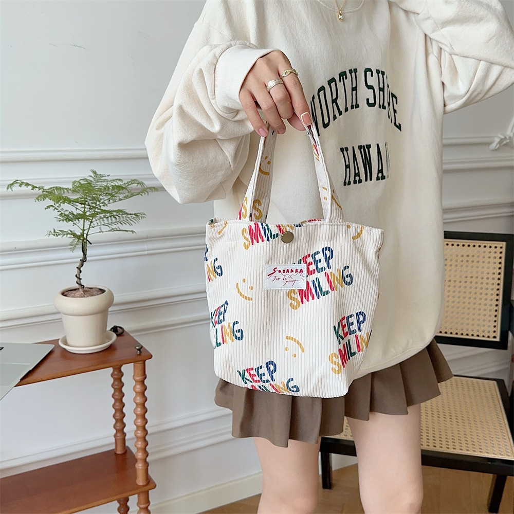 3924 corduroy cute casual handbag, canvas bag, hand-held little girl bag, portable bento bag, lunch box bag details Picture