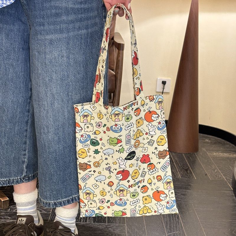 Cute cartoon 2025 new single-shoulder canvas bag, large capacity cloth bag, student tote storage, makeup bag, portable bag Specification drawing