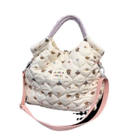410311 Autumn and winter quilted cotton-padded Korean cartoon pattern hand-held bag, women's hand-held bag, shoulder crossbody canvas bag Item Picture