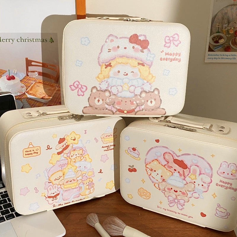 Cute and girlish printed makeup case, high appearance level, large capacity for skin care product storage, carrying case with mirror, makeup bag full figure