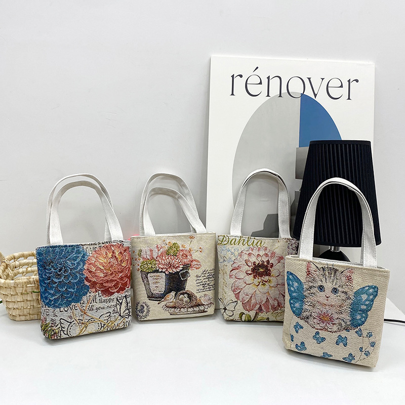 Cross-border gold thread double-sided embroidery small square bag, ethnic style casual canvas single-shoulder bag, fashionable Chinese style printed hand-held bag details Picture
