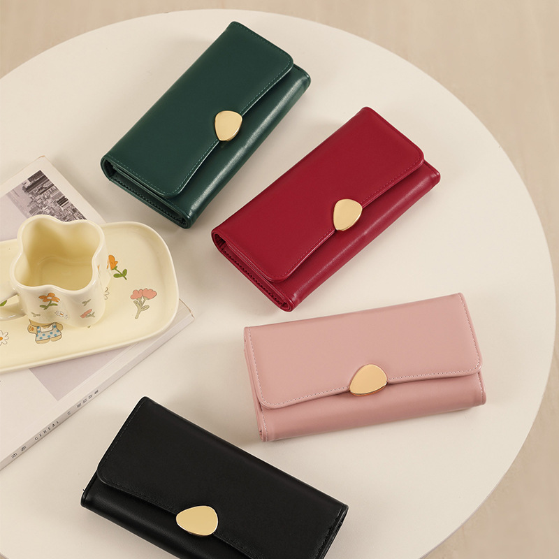 Women's three-fold folding long, simple and elegant hand-held wallet card case integrated, multi-slot buckle, niche design wallet full figure
