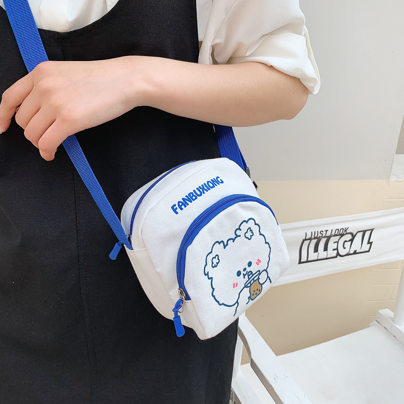 2024 New single-shoulder crossbody mobile phone pocket change canvas bag, fresh, sweet and cute, little bear and little rabbit mood niche bag Specification drawing
