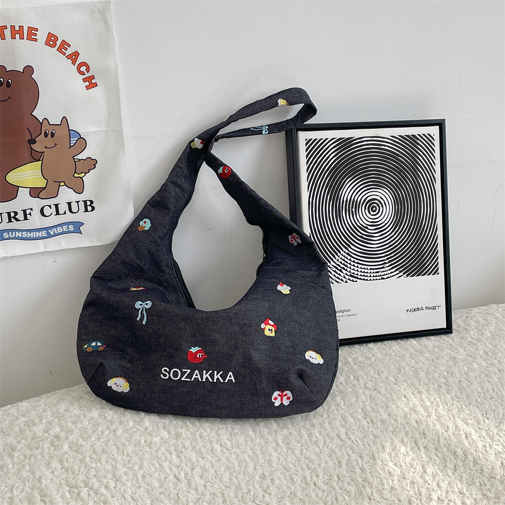 52232 denim crossbody bag, a versatile Korean-style embroidered single-shoulder tote bag, and an ins simple student fabric bag full figure