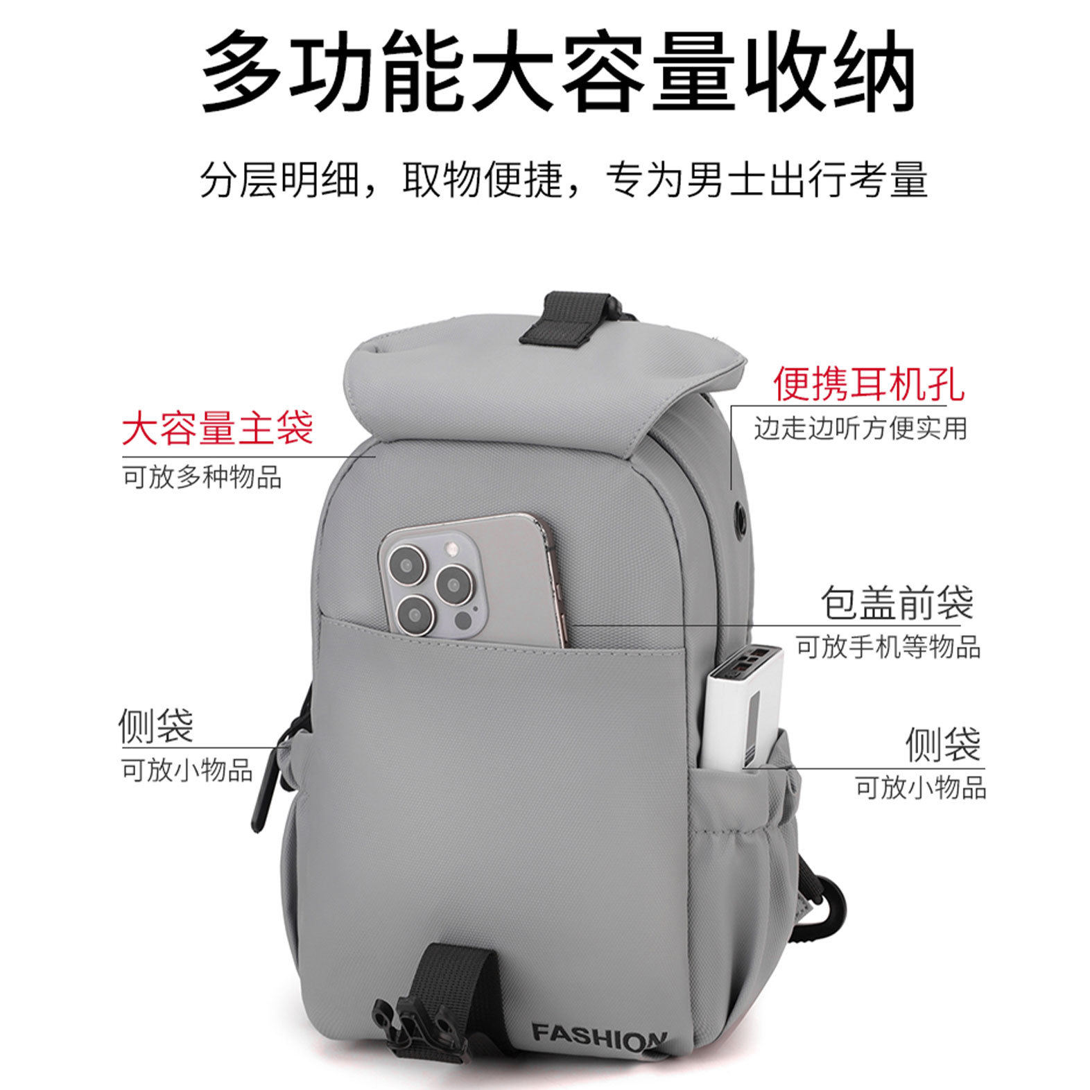 New fashionable crossbody bag, men's chest bag, large-capacity, lightweight and simple backpack, casual single-shoulder bag, men's trendy bag details Picture