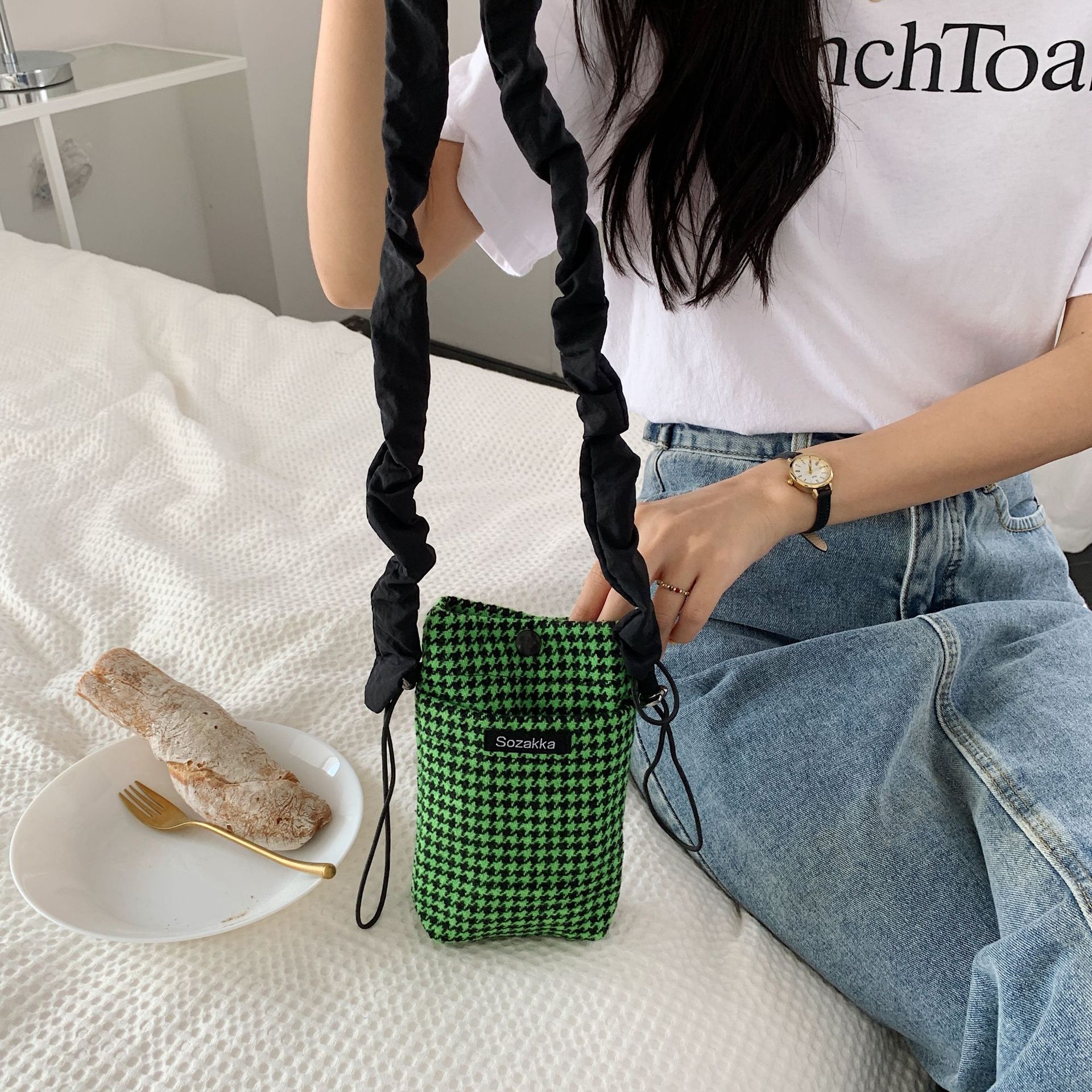 26193 Cute girl crossbody mobile phone bag, student coin purse, thousand bird check single-shoulder crossbody bag wholesale Specification drawing