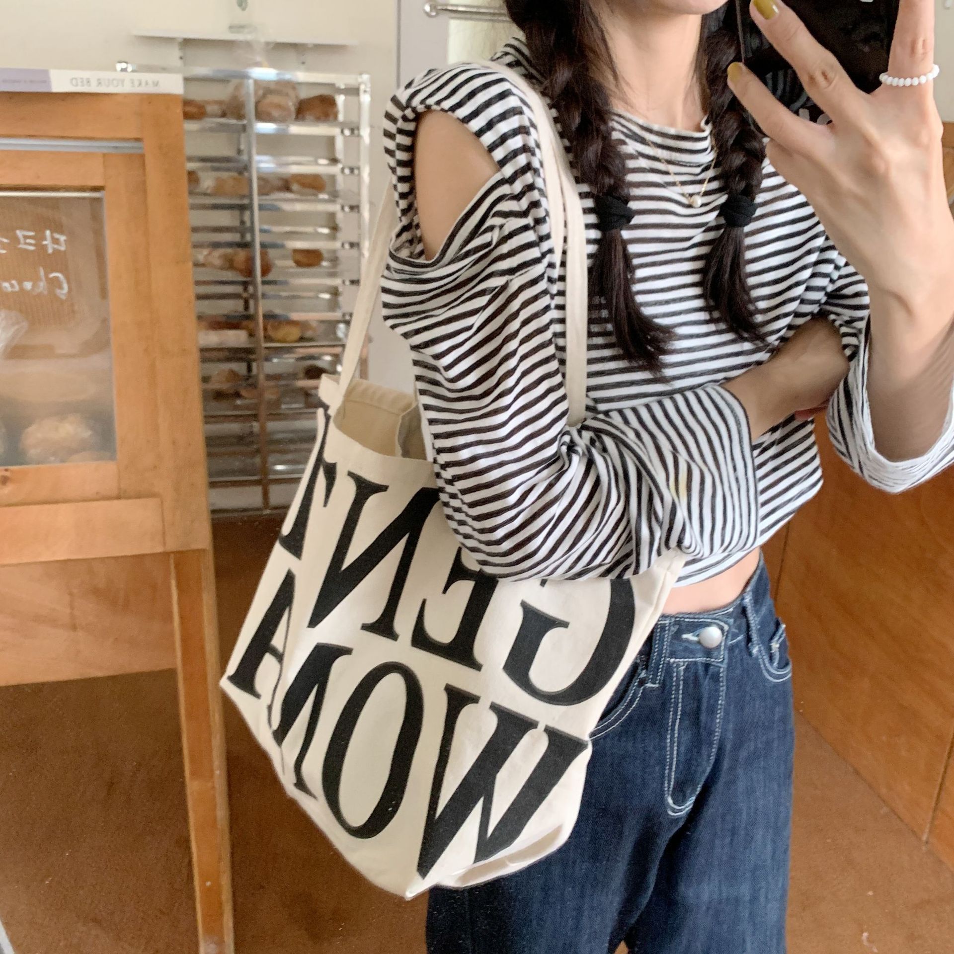 Wholesale of 2751 new letter canvas bag ins laid-back style single-shoulder cloth bag for women with Korean style and large capacity tote bag Specification drawing